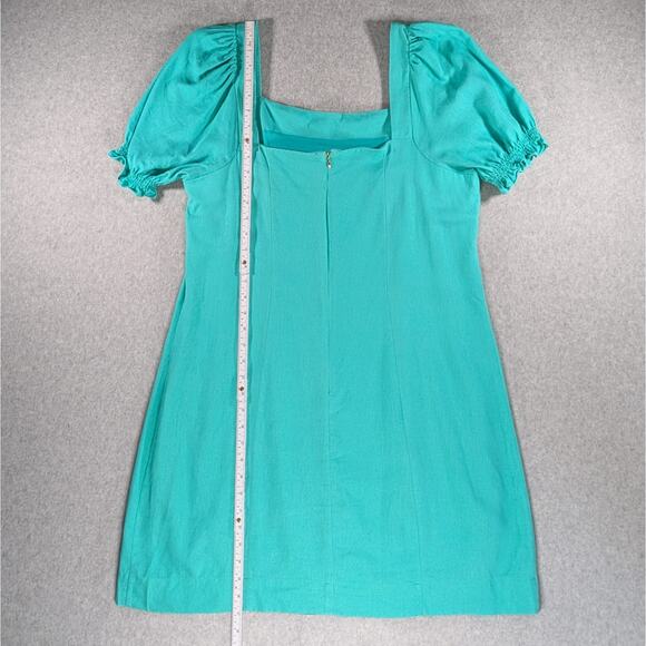 Draper James Linen Blend Puff Sleeve Mini Dress Teal Square Neck Size M - Picture 11 of 16
